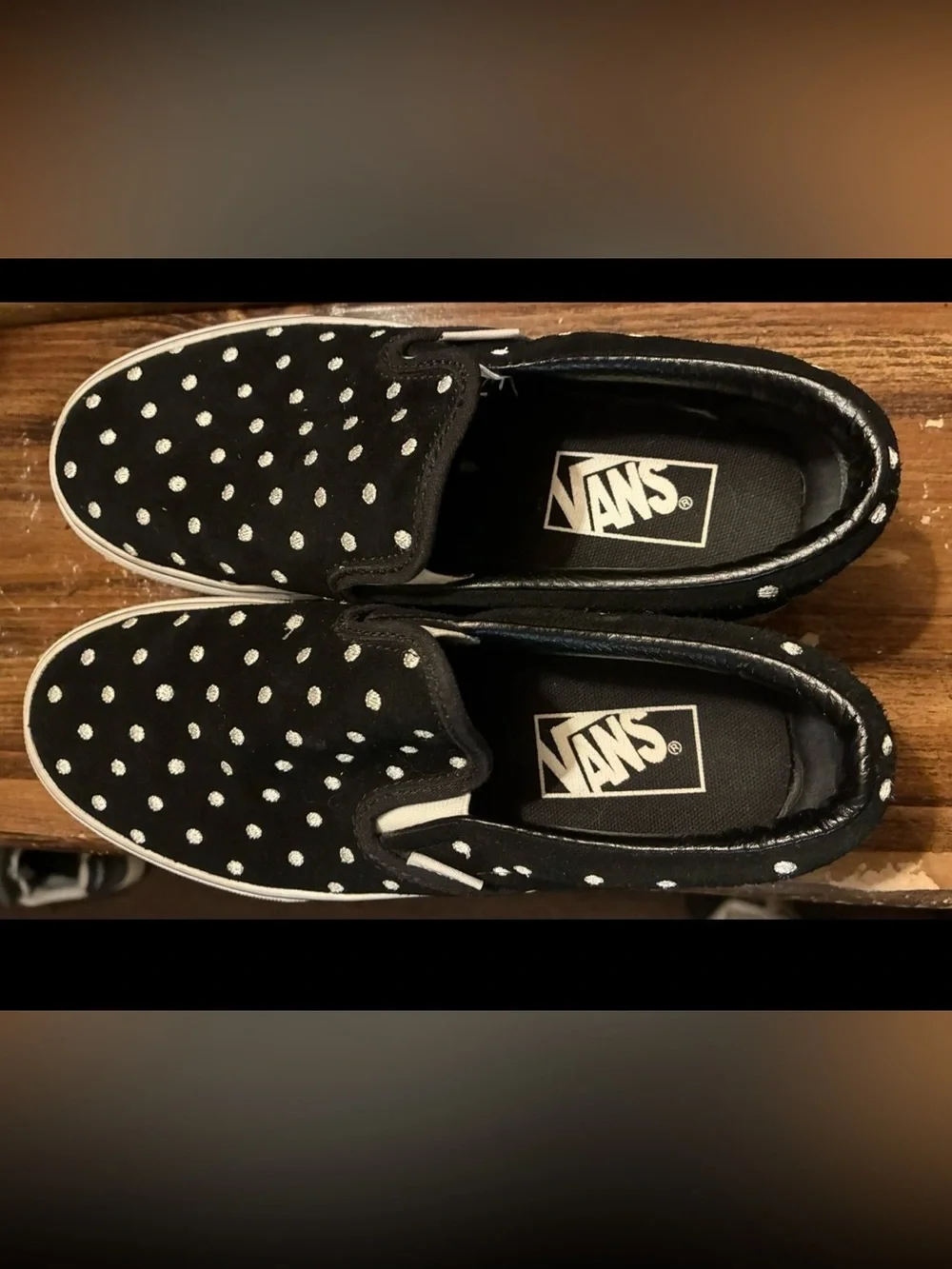 Vans Classic Slip-On Platform Suede Polka Dot Black White Womens 6/Mens 4.5